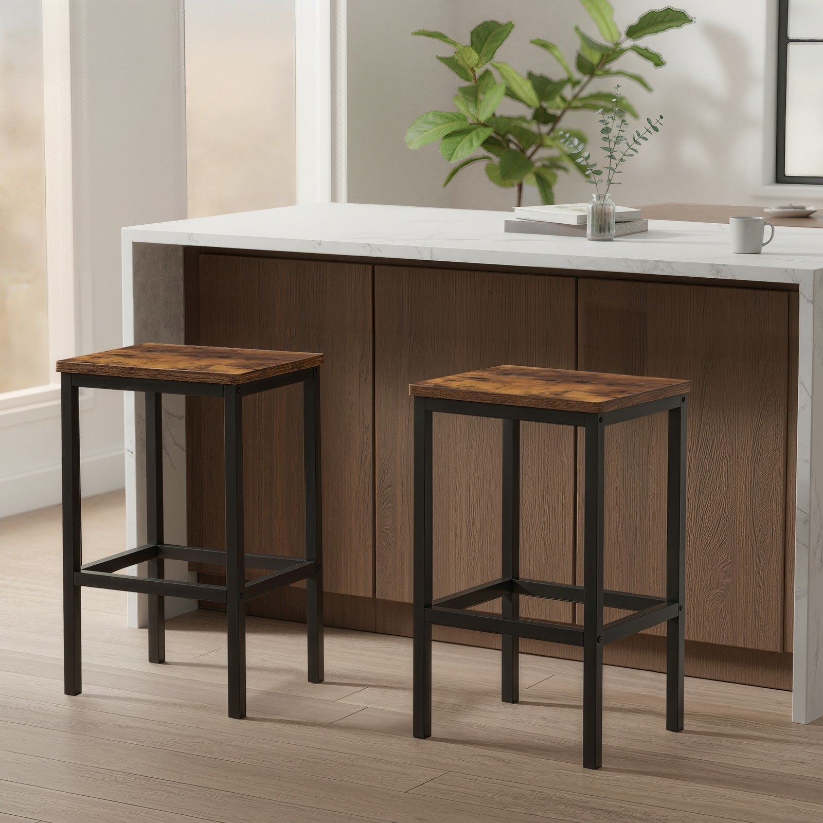 Set of 2 Bar Stools - Wood - Rustic Brown - Footrest Included