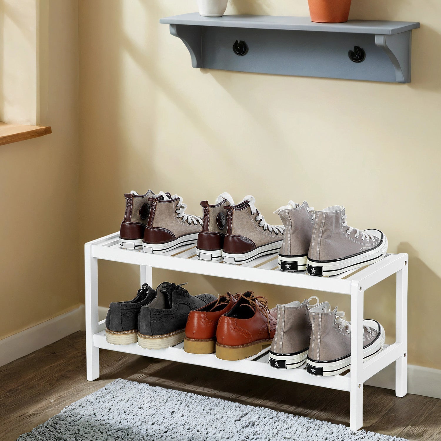 2-Tier Bamboo Shoe Rack - Natural - Multi-Functional Storage Shelf for Shoes