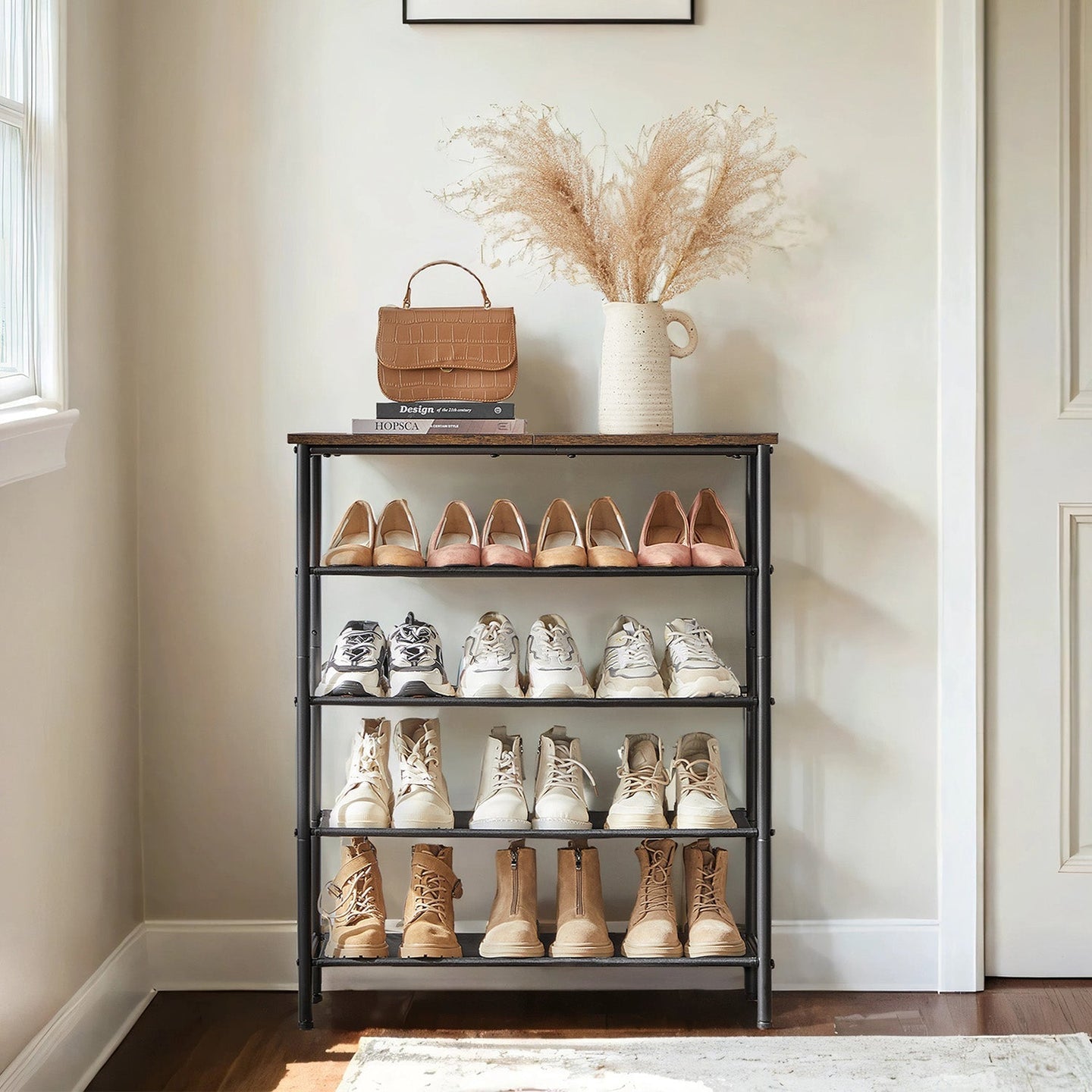 5-Tier Shoe Rack - Steel Frame - Rustic Brown and Black - Narrow Design with 3 Fabric Shelves and Top Storage