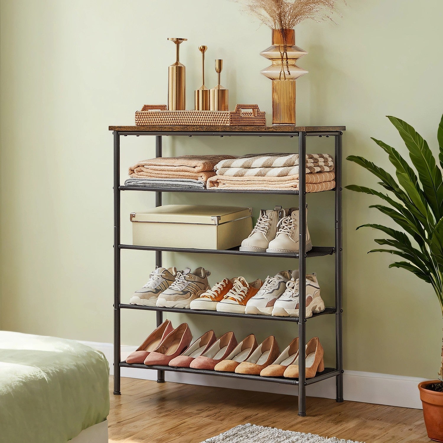 5-Tier Shoe Rack - Steel Frame - Rustic Brown and Black - Narrow Design with 3 Fabric Shelves and Top Storage