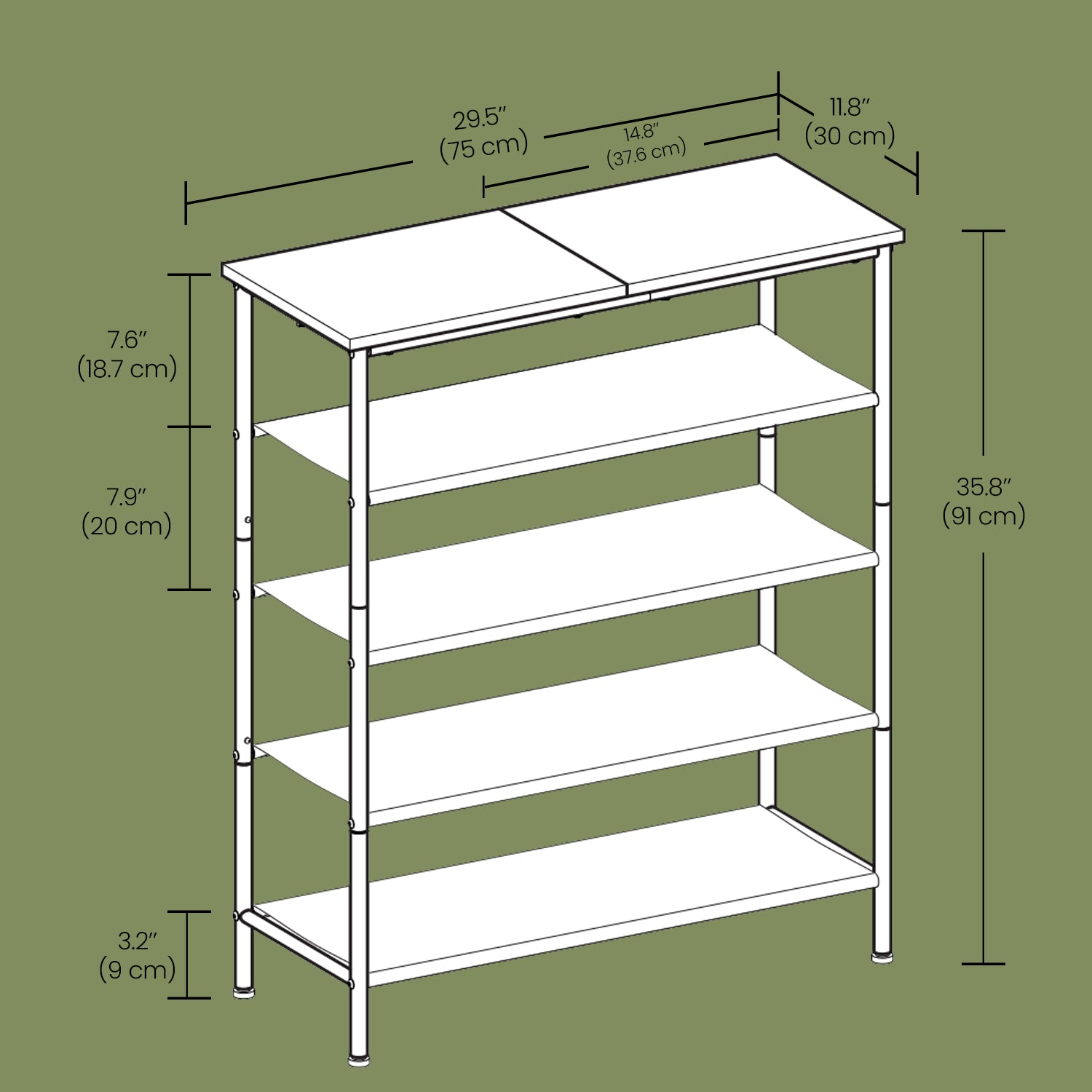 5-Tier Shoe Rack - Steel Frame - Rustic Brown and Black - Narrow Design with 3 Fabric Shelves and Top Storage