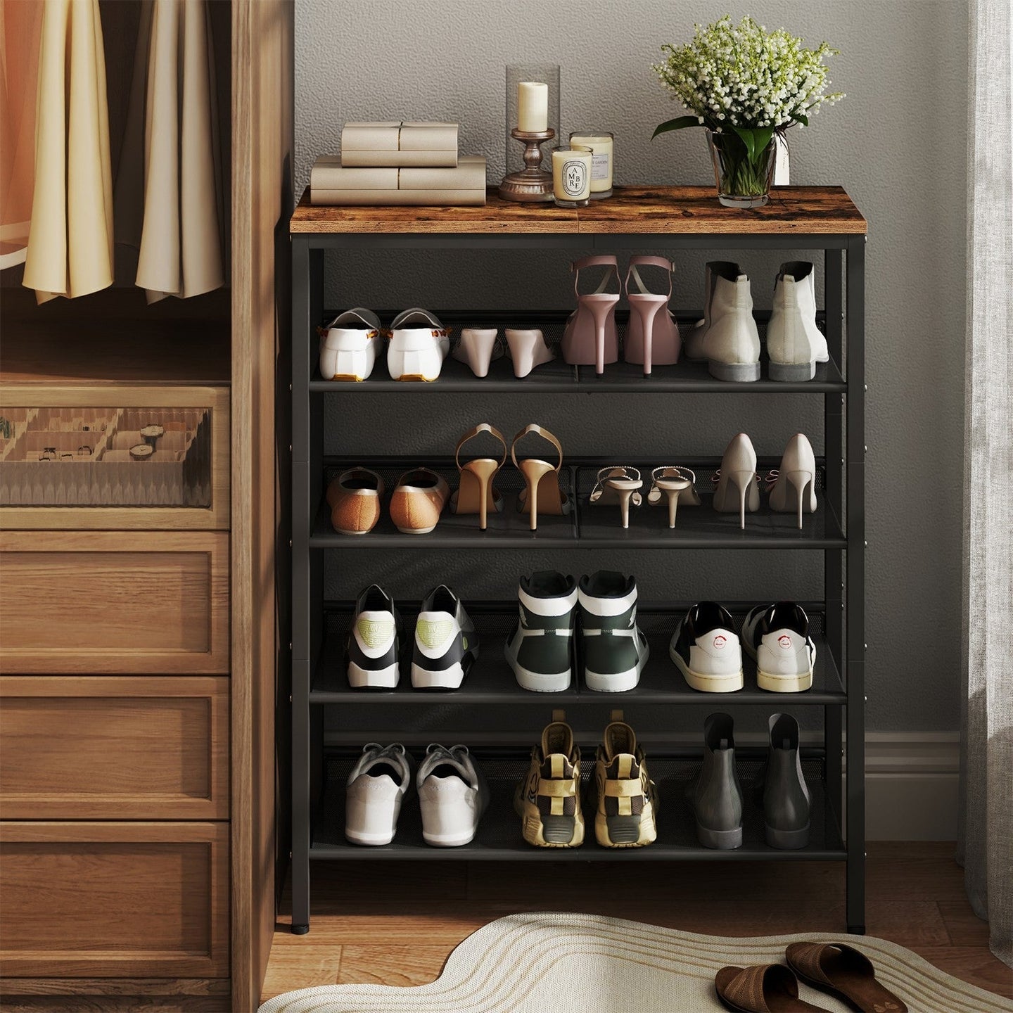 5-Tier Shoe Rack - Steel - Rustic Brown - Freestanding with Storage Shelves and Top