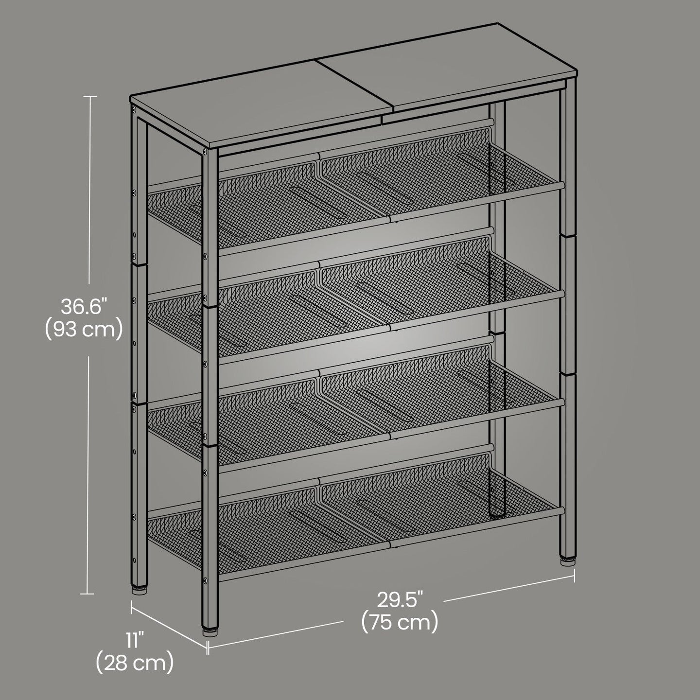 5-Tier Shoe Rack - Steel - Rustic Brown - Freestanding with Storage Shelves and Top