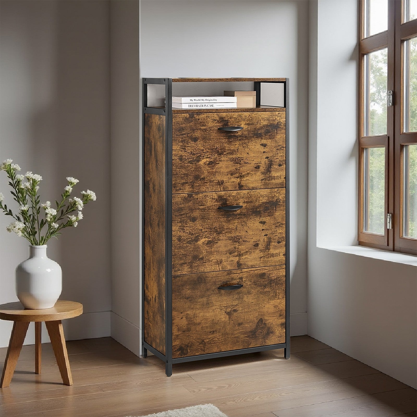 Shoe Storage Cabinet - Wood - Rustic Brown and Black - Adjustable and Removable Dividers