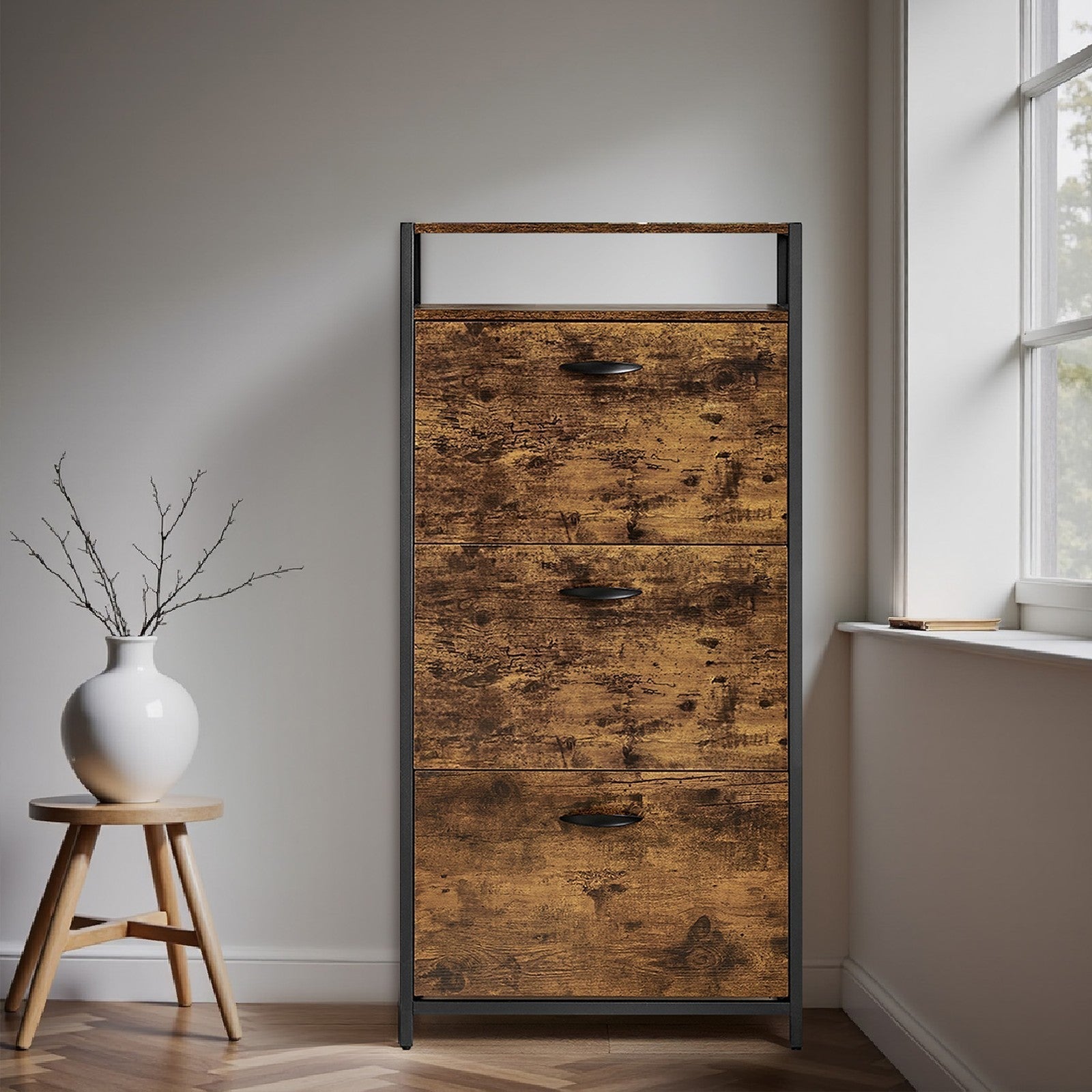 Shoe Storage Cabinet - Wood - Rustic Brown and Black - Adjustable and Removable Dividers