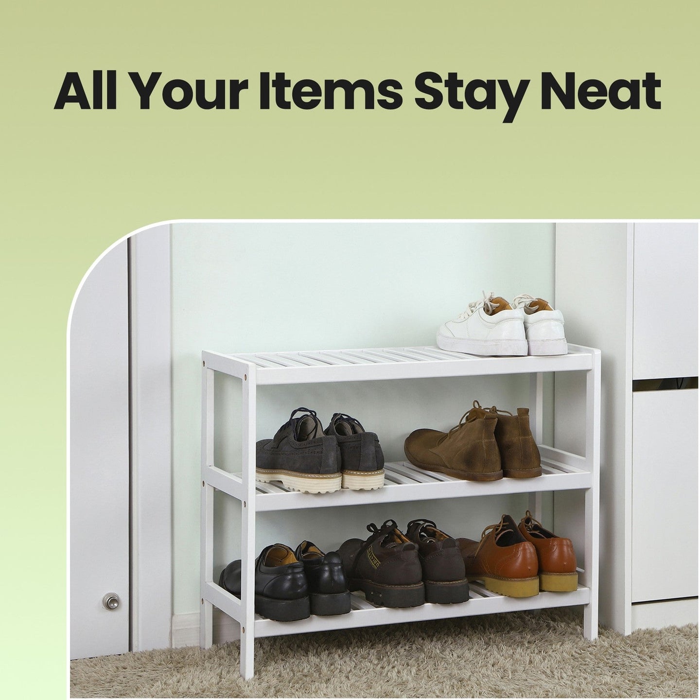 3-Tier Shoe Rack - Bamboo - White - Ideal for Entryway and Bathroom