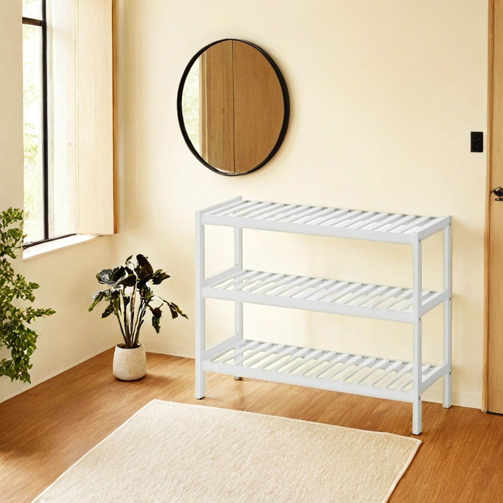 3-Tier Shoe Rack - Bamboo - White - Ideal for Entryway and Bathroom