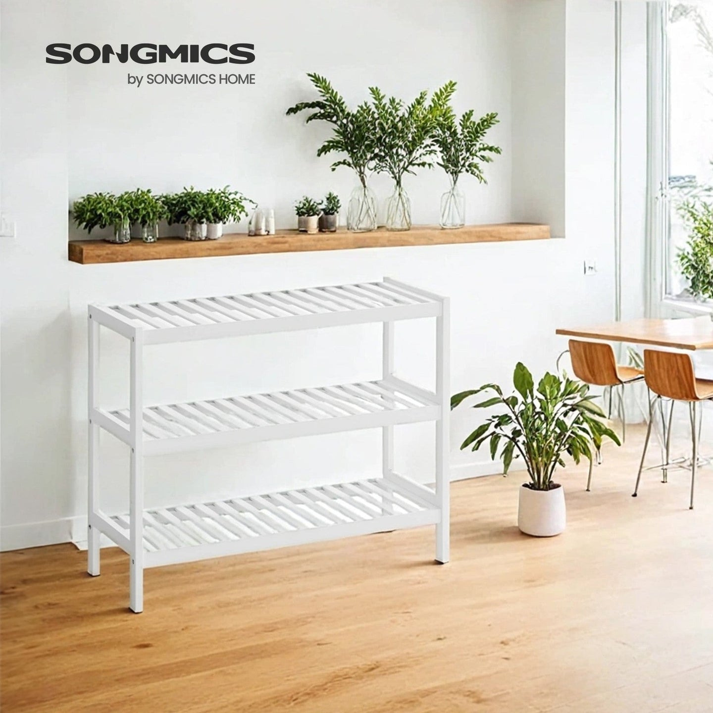 3-Tier Shoe Rack - Bamboo - White - Ideal for Entryway and Bathroom