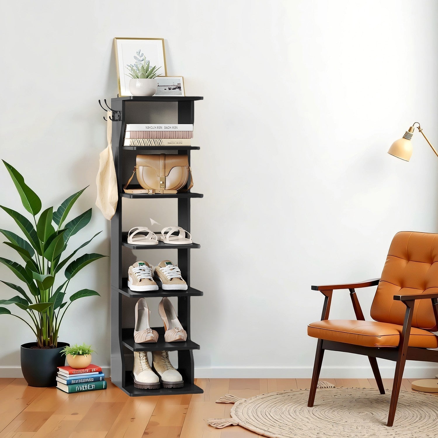 7-Tier Shoe Rack - Metal - Black - Slim Corner Design with Hooks