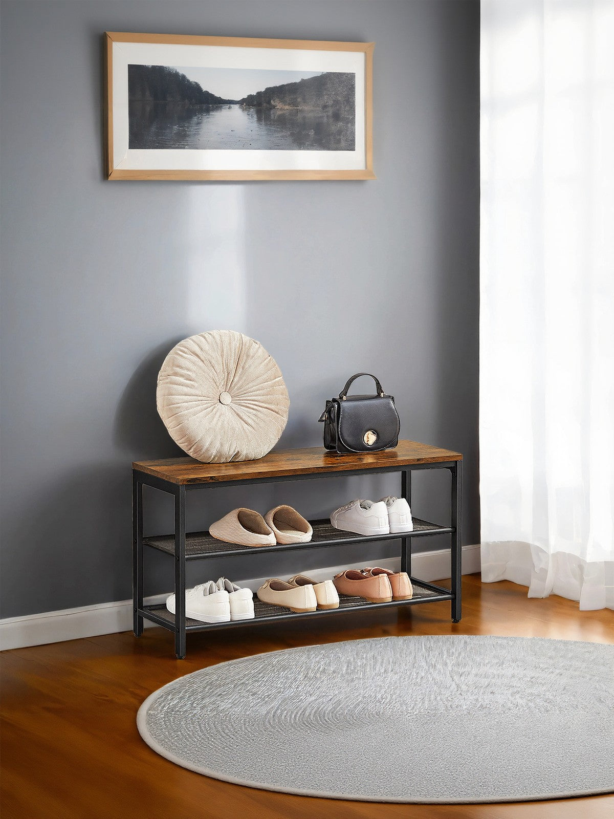 Shoe Bench - Metal - Rustic Brown - Entryway Storage with Seat and 2 Mesh Shelves