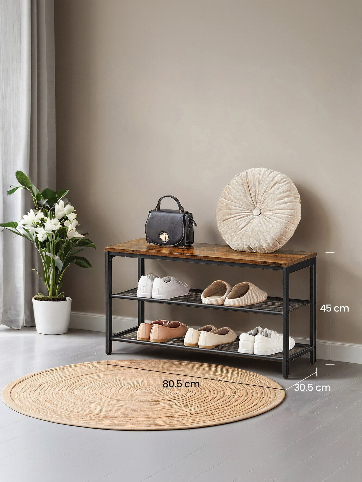 Shoe Bench - Metal - Rustic Brown - Entryway Storage with Seat and 2 Mesh Shelves