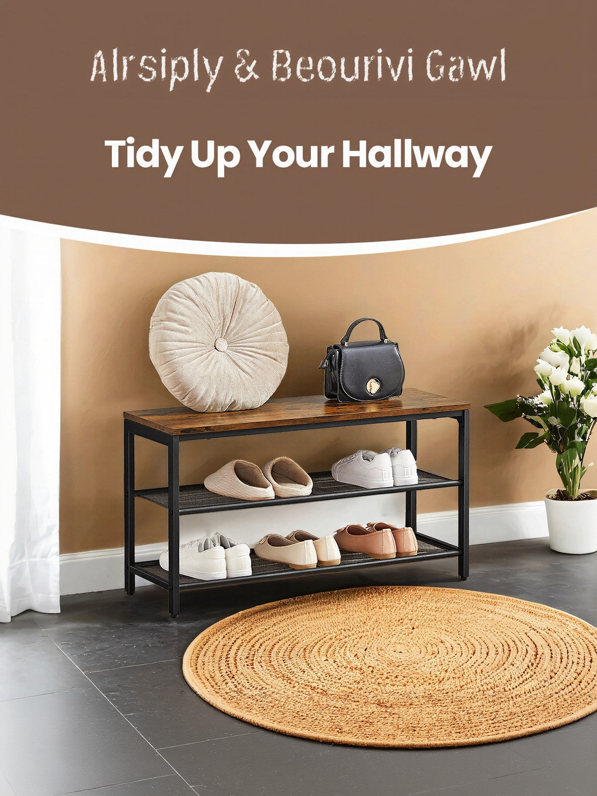 Shoe Bench - Metal - Rustic Brown - Entryway Storage with Seat and 2 Mesh Shelves