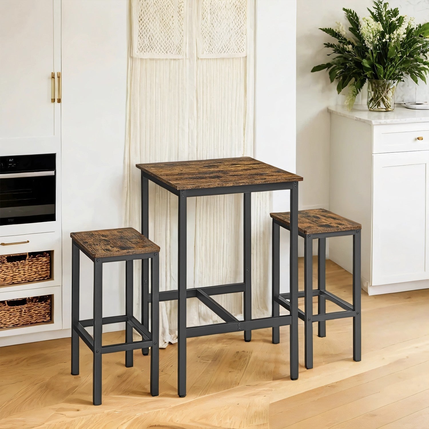 Bar Table Set - Includes 2 Bar Stools - Wood - Rustic Brown and Black