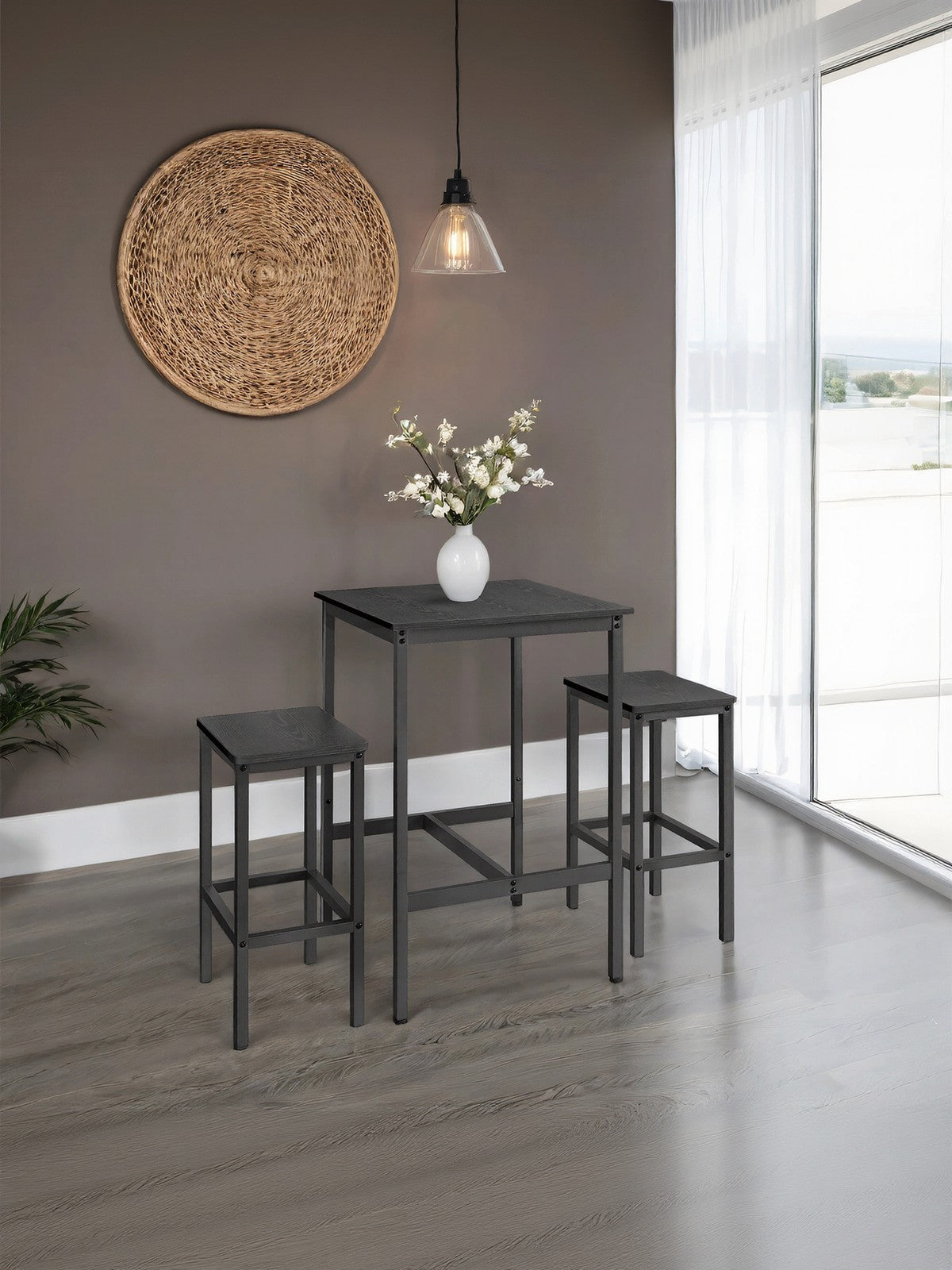 Bar Table Set - Includes 2 Bar Stools - Wood - Rustic Brown and Black
