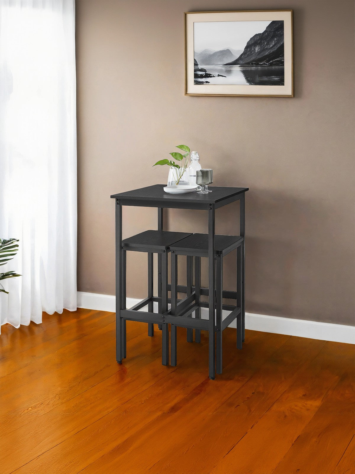 Bar Table Set - Includes 2 Bar Stools - Wood - Rustic Brown and Black