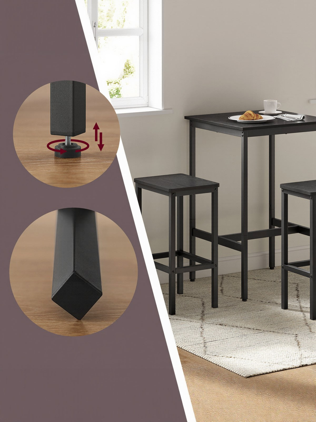 Bar Table Set - Includes 2 Bar Stools - Wood - Rustic Brown and Black