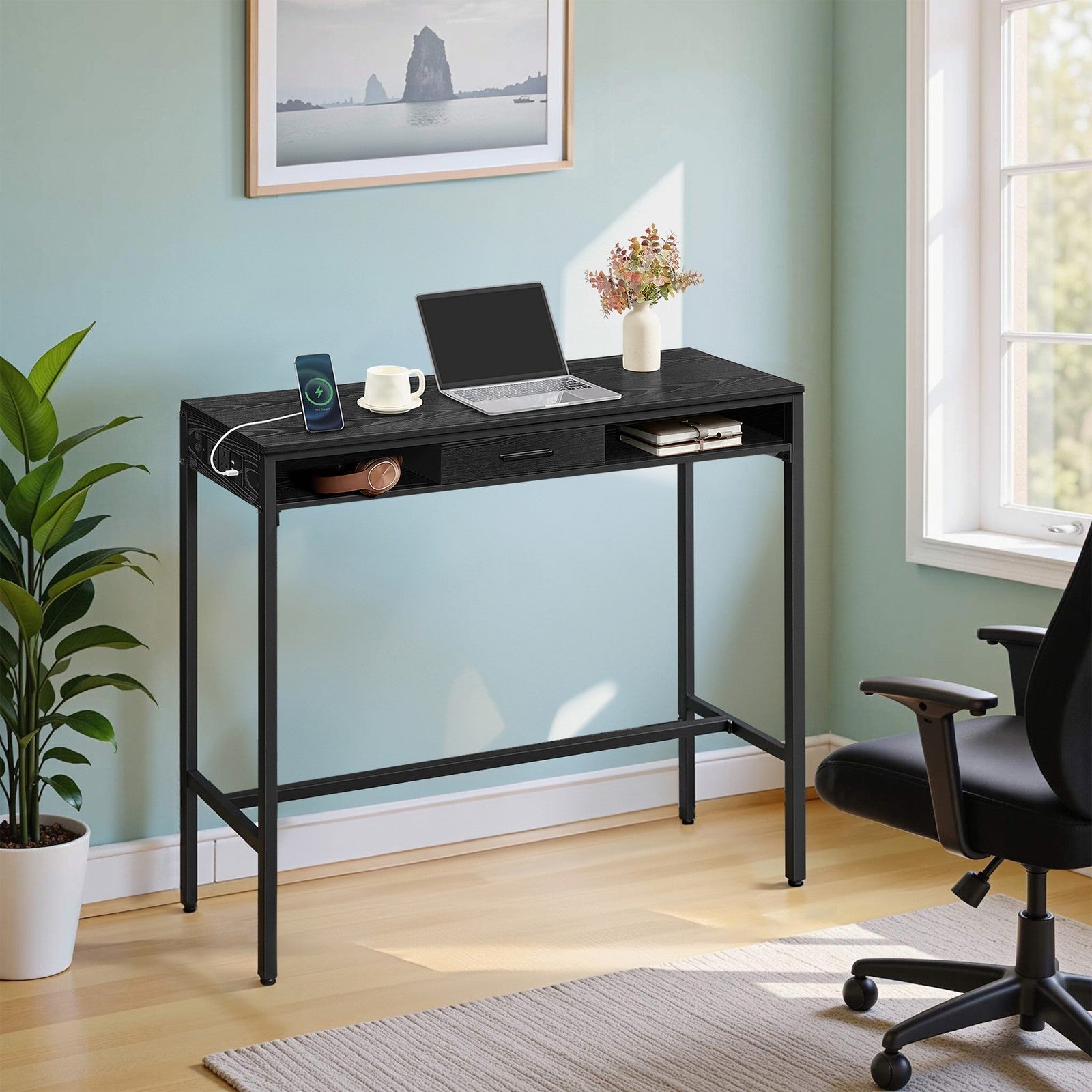 Bar Table - Wood - Ebony Black - Includes Charging Station and Movable Drawer