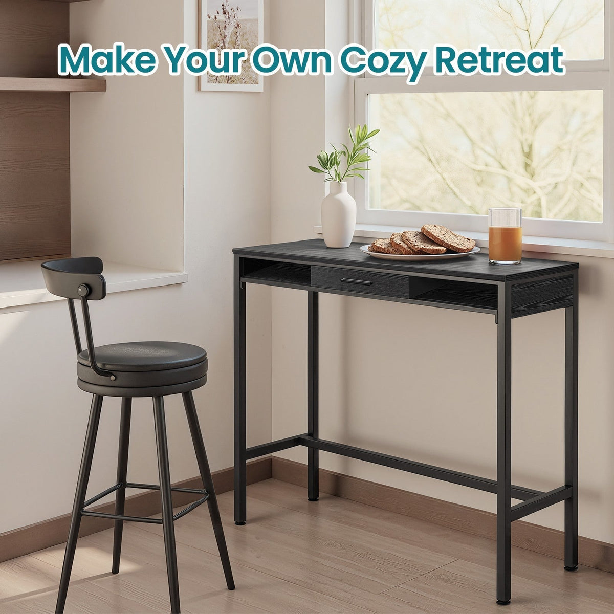 Bar Table - Wood - Ebony Black - Includes Charging Station and Movable Drawer