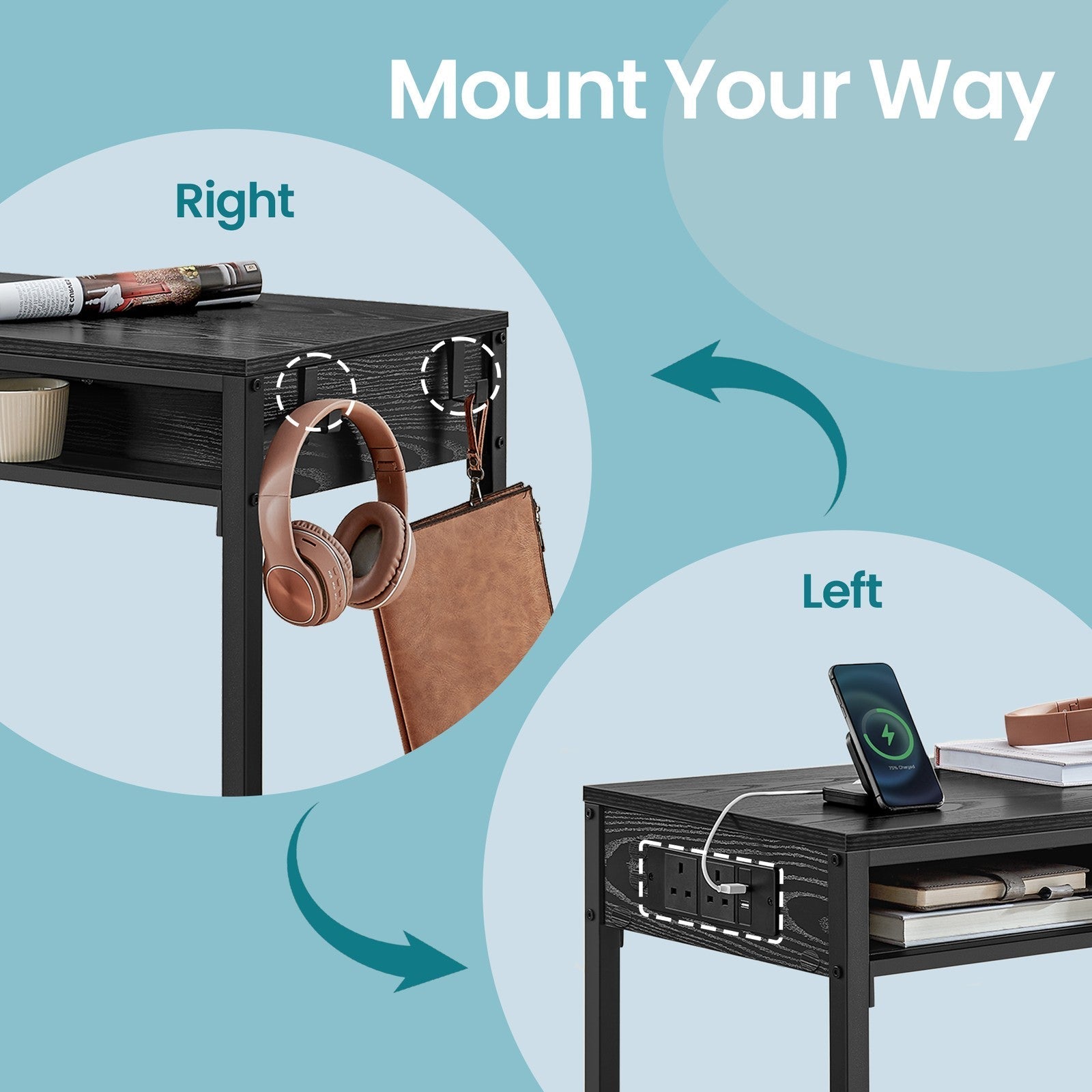 Bar Table - Wood - Ebony Black - Includes Charging Station and Movable Drawer