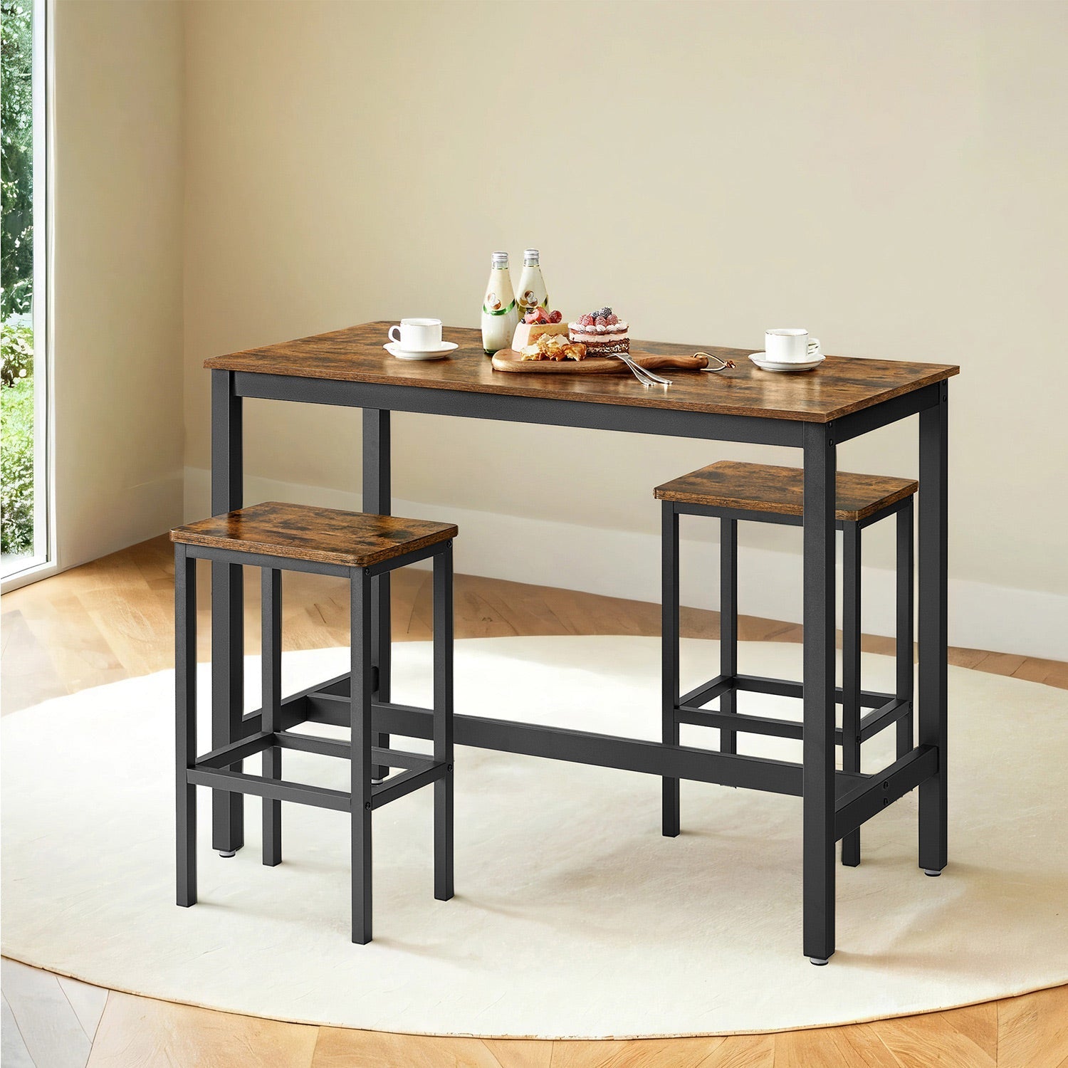 Bar Table Set - Wood - Rustic Brown - Includes 2 Stools for Kitchen and Living Room