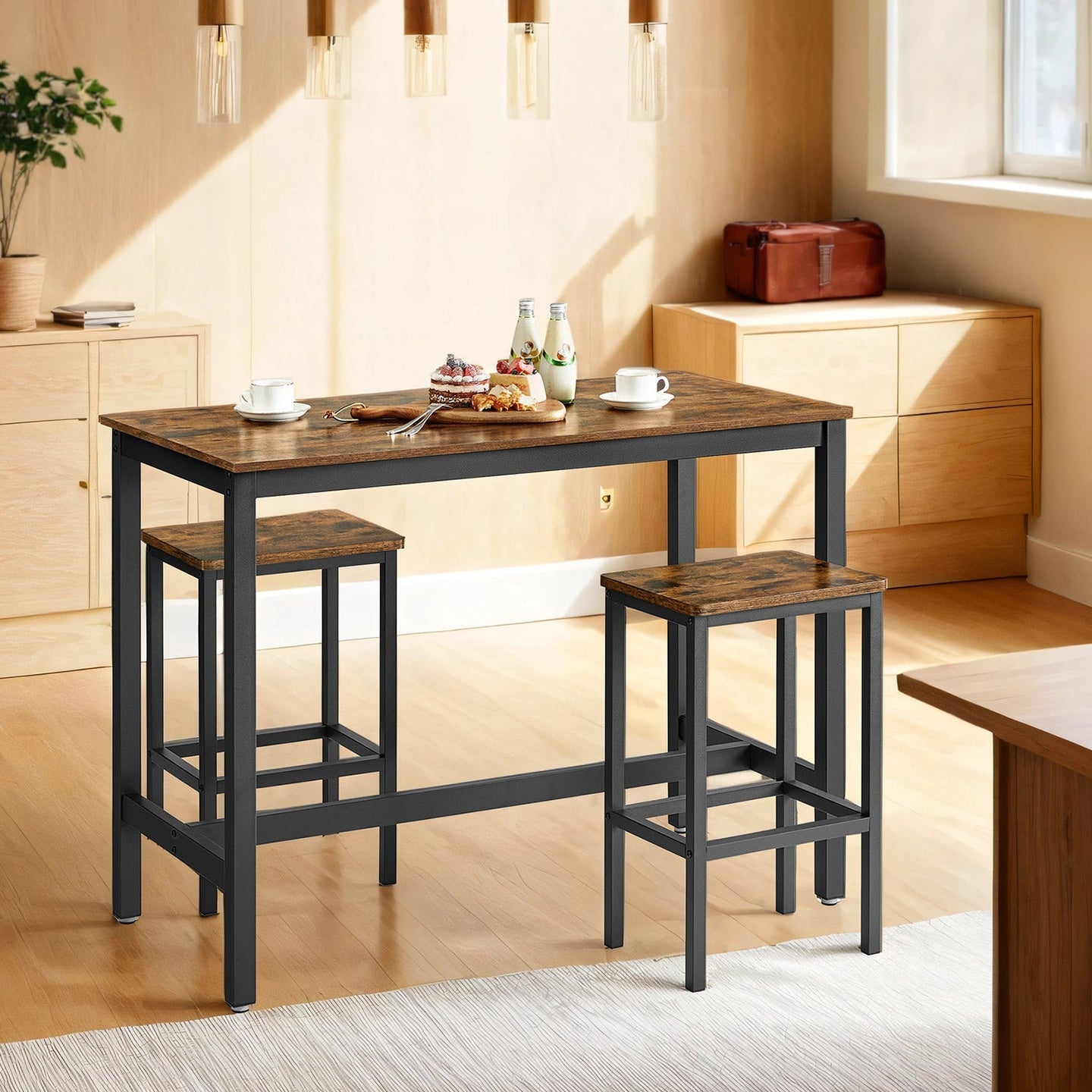 Bar Table Set - Wood - Rustic Brown - Includes 2 Stools for Kitchen and Living Room