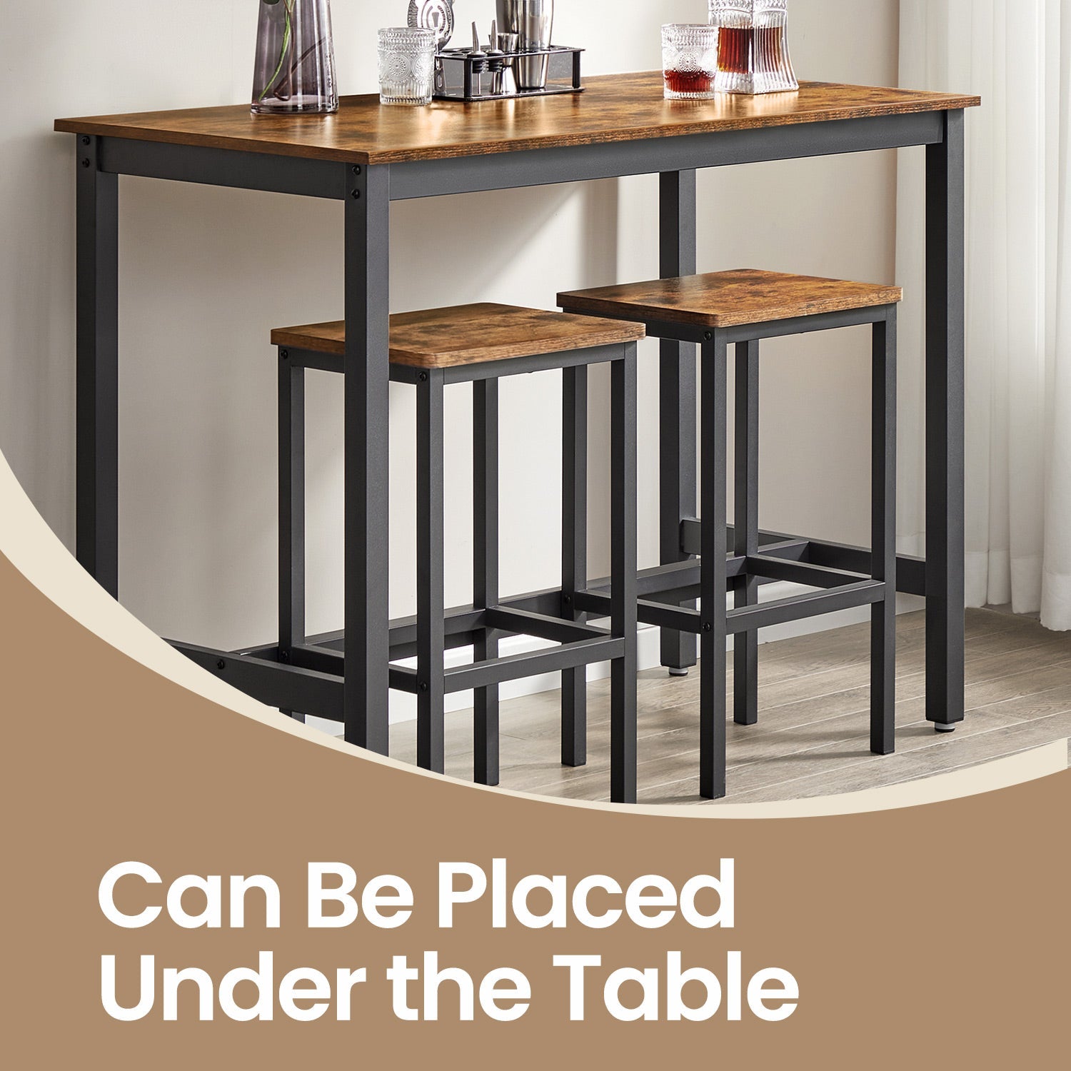Bar Table Set - Wood - Rustic Brown - Includes 2 Stools for Kitchen and Living Room