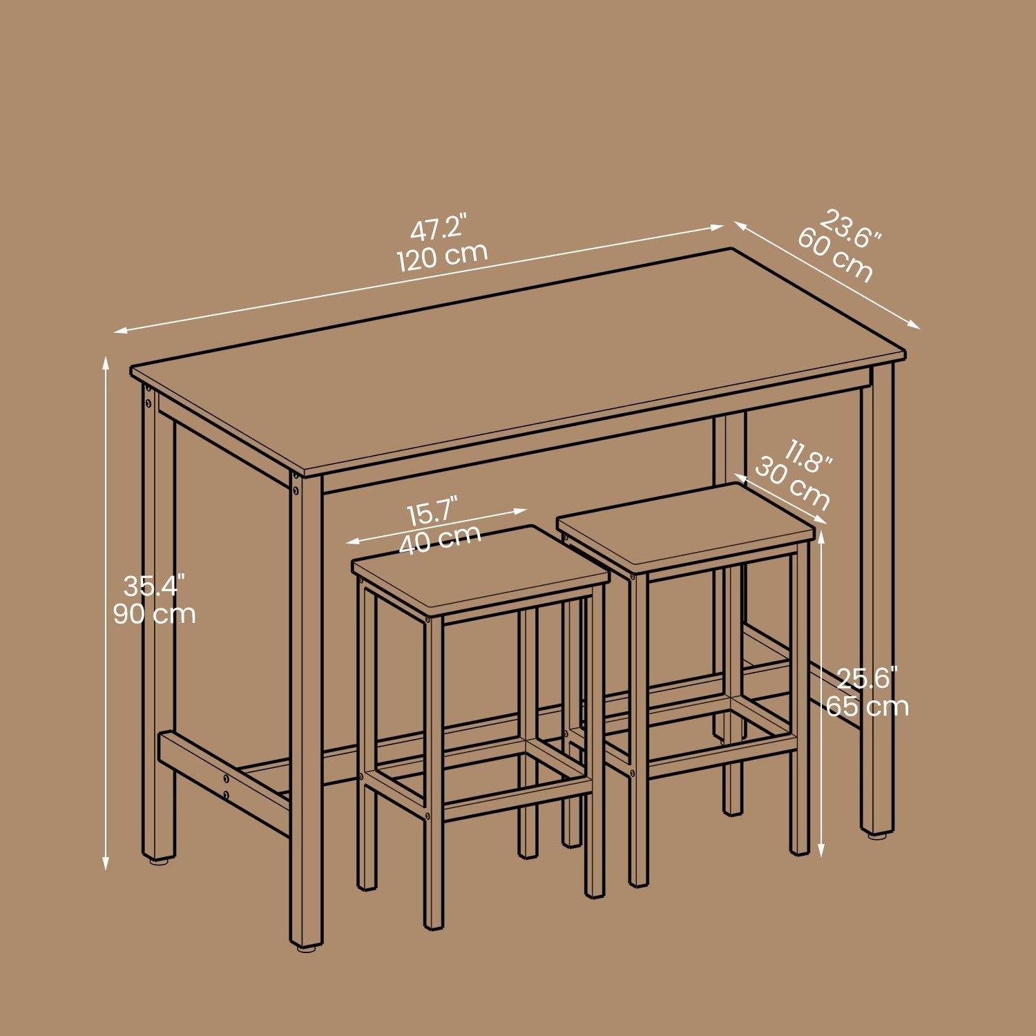 Bar Table Set - Wood - Rustic Brown - Includes 2 Stools for Kitchen and Living Room