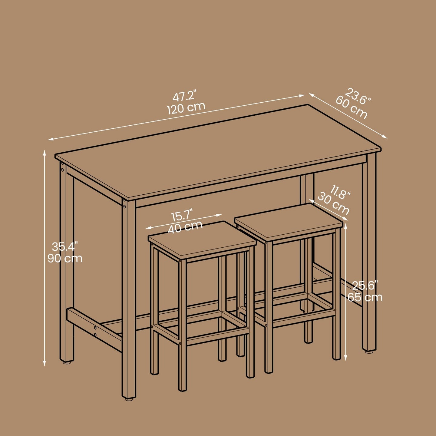 Bar Table Set - Wood - Rustic Brown - Includes 2 Stools for Kitchen and Living Room