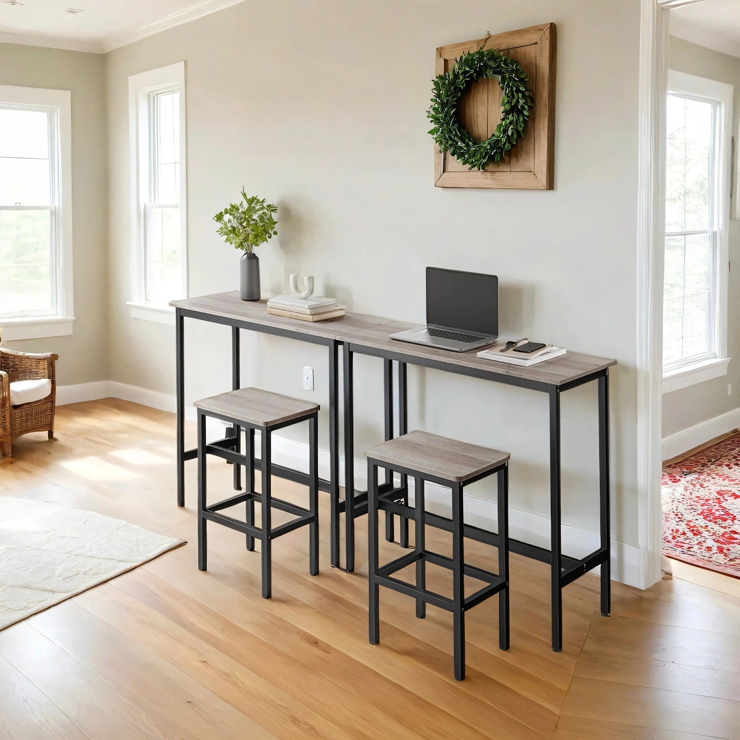 Dining Table Set - Steel - Rustic Brown and Black - Includes Bar Table and 2 Stools