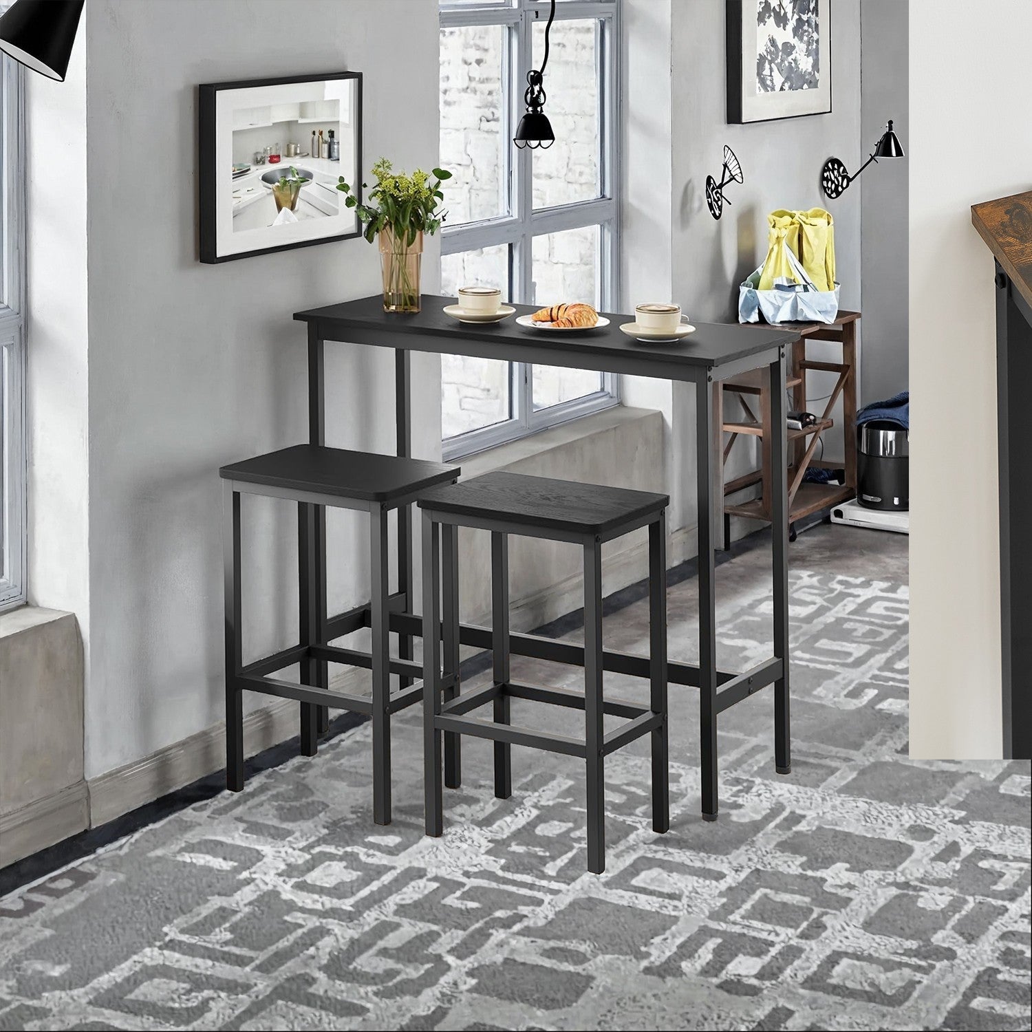 Bar Table Set - Steel - Rustic Brown and Black - Includes Two Stools