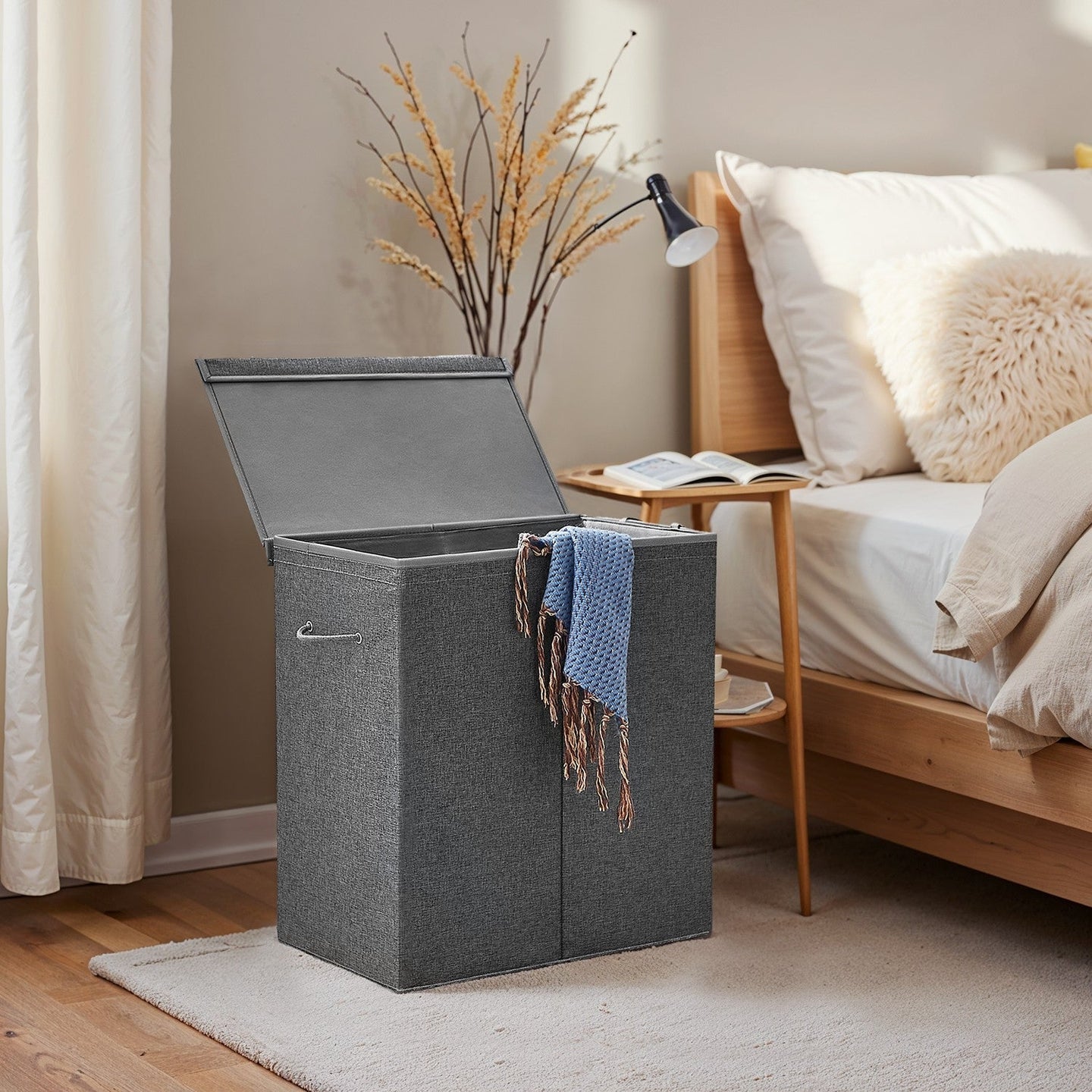 Foldable Laundry Basket - Linen Look Fabric - Dark Grey - 142L Dual-Compartment with Magnetic Lid and Removable Liner