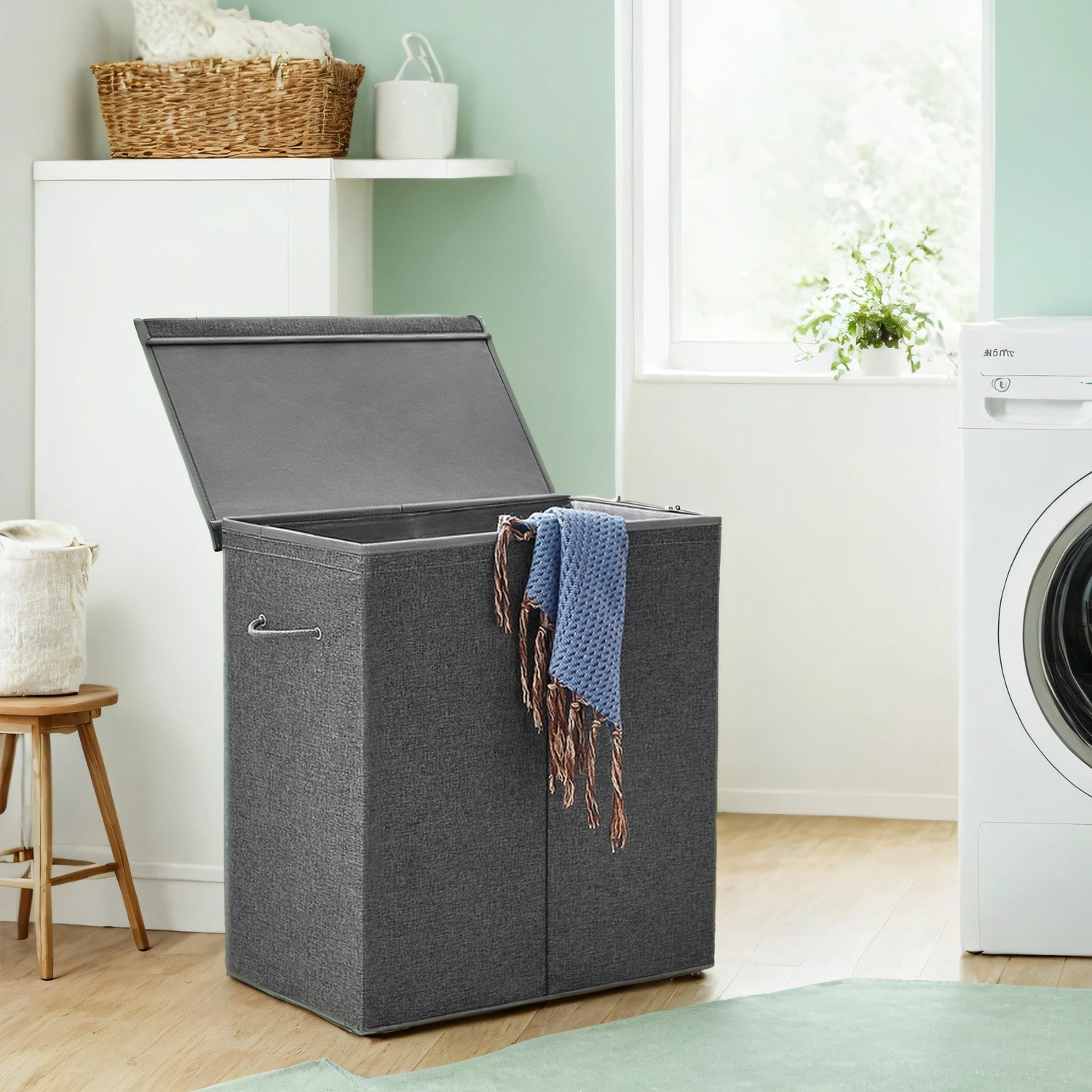 Foldable Laundry Basket - Linen Look Fabric - Dark Grey - 142L Dual-Compartment with Magnetic Lid and Removable Liner