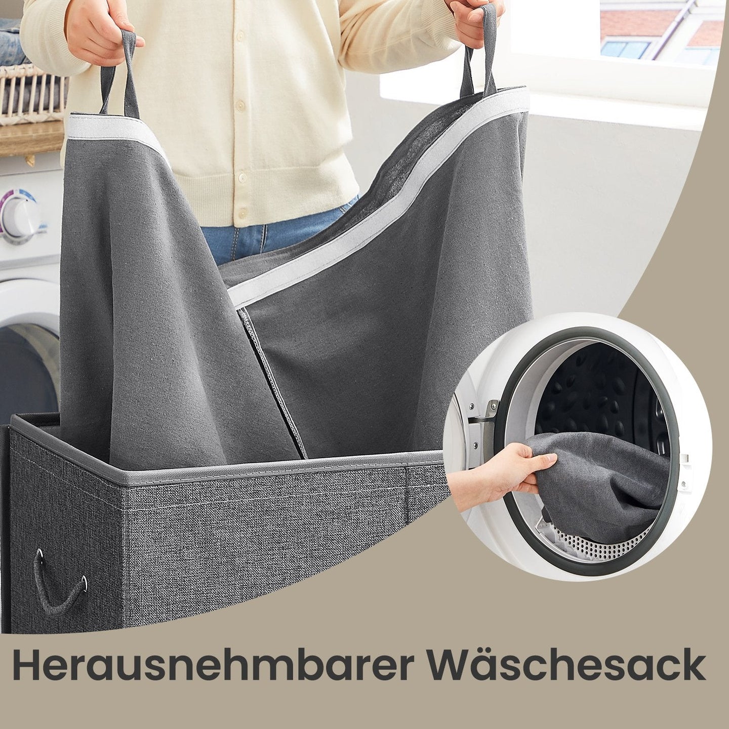 Foldable Laundry Basket - Linen Look Fabric - Dark Grey - 142L Dual-Compartment with Magnetic Lid and Removable Liner