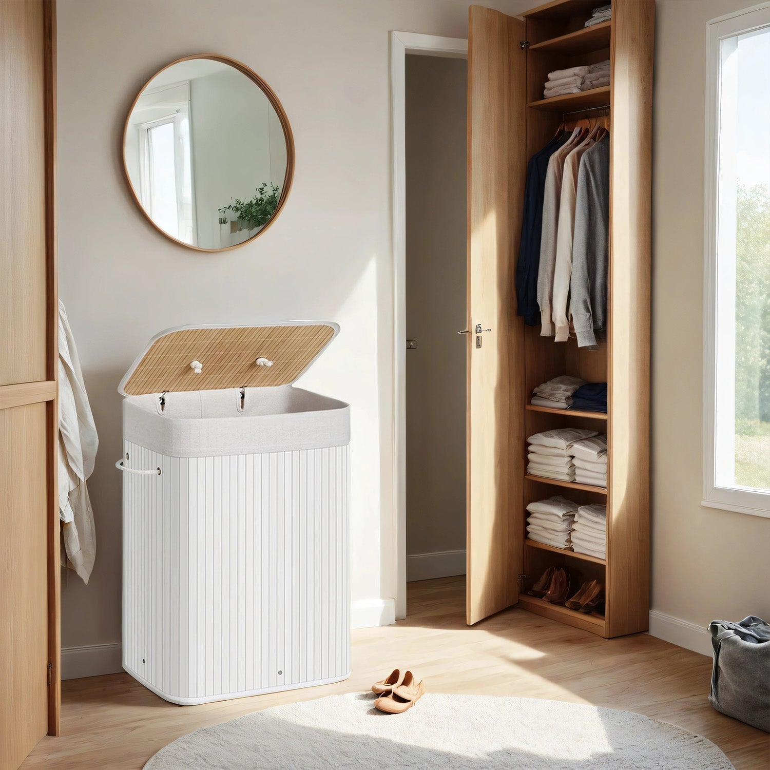 Laundry Hamper - Bamboo - White - Foldable with Lid and 3 Handles