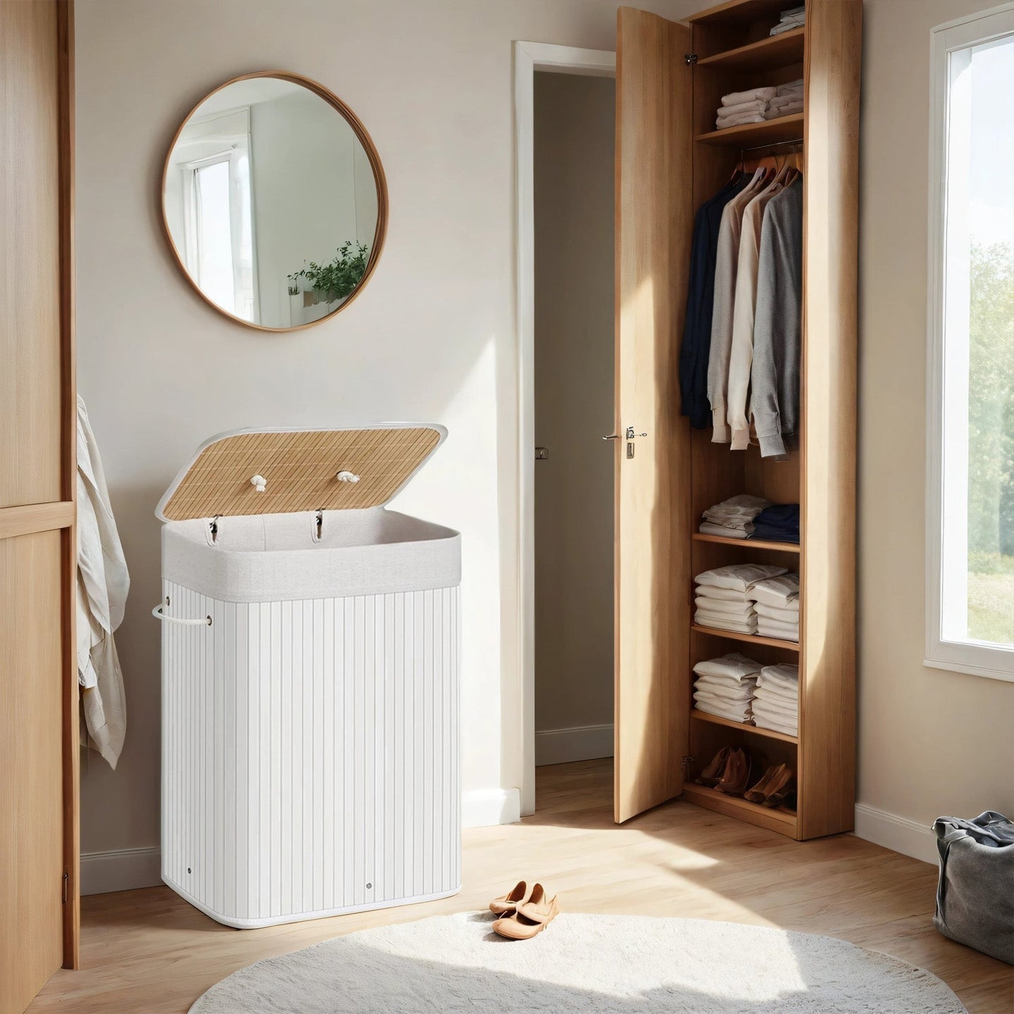 Laundry Hamper - Bamboo - White - Foldable with Lid and 3 Handles