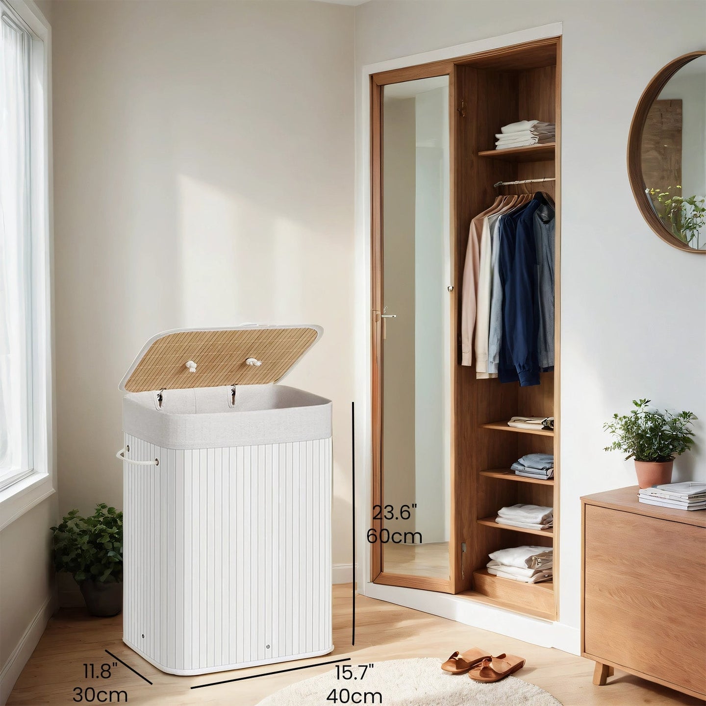 Laundry Hamper - Bamboo - White - Foldable with Lid and 3 Handles