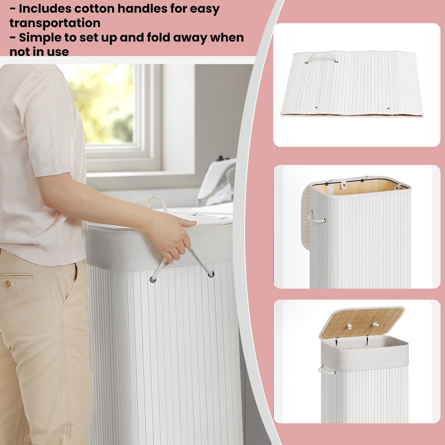Laundry Hamper - Bamboo - White - Foldable with Lid and 3 Handles