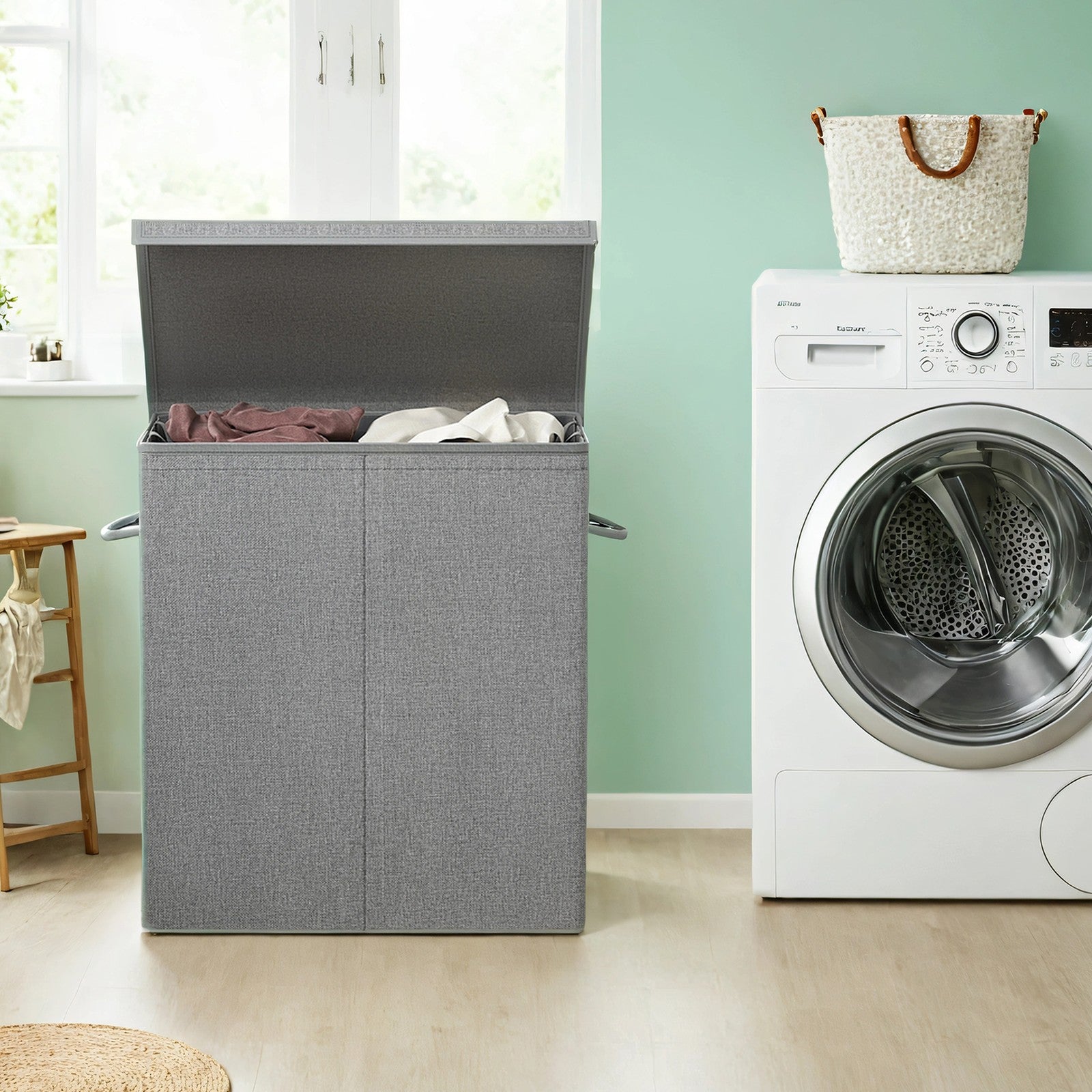 Foldable Laundry Basket - Linenette Fabric - Grey - 142L Dual-Compartment with Magnetic Lid and Removable Liner