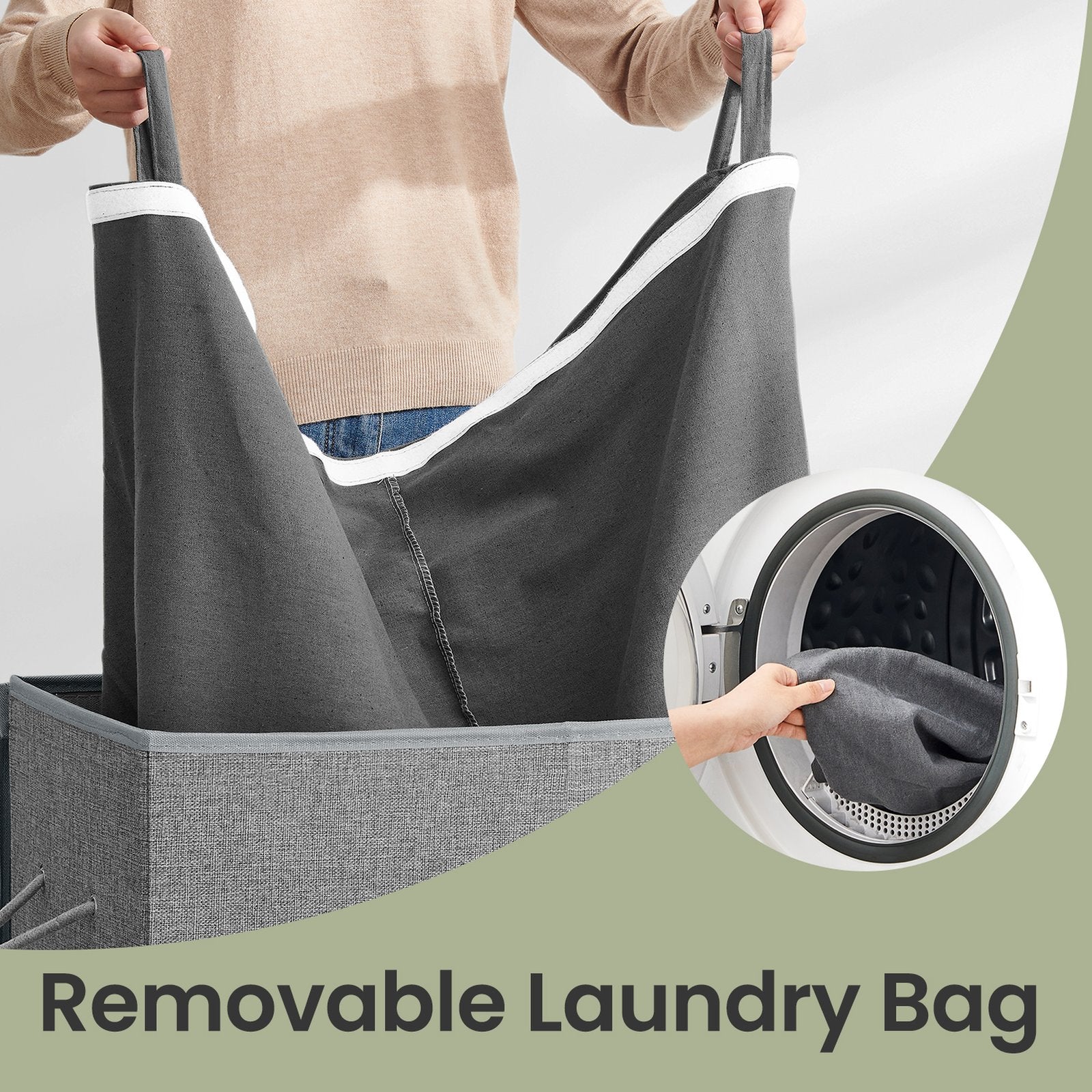 Foldable Laundry Basket - Linenette Fabric - Grey - 142L Dual-Compartment with Magnetic Lid and Removable Liner