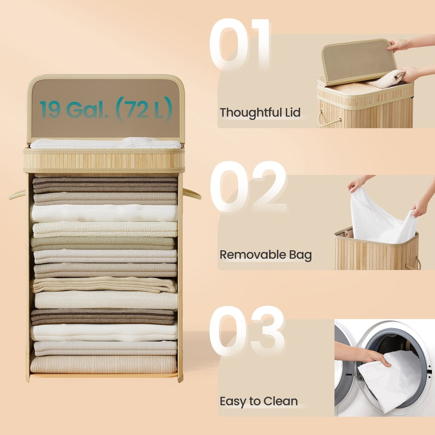 Laundry Hamper - Bamboo - Grey - Removable and Machine Washable with Lid