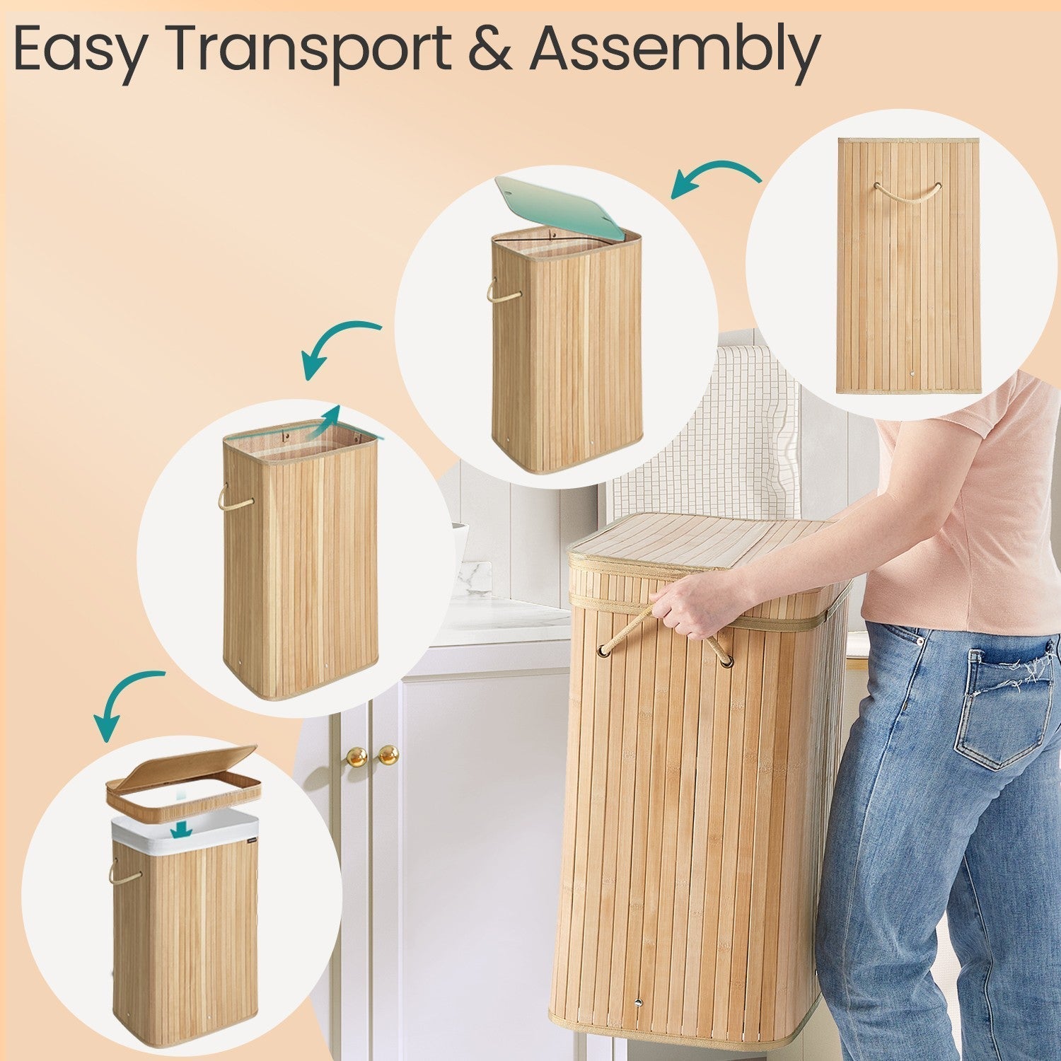 Laundry Hamper - Bamboo - Grey - Removable and Machine Washable with Lid
