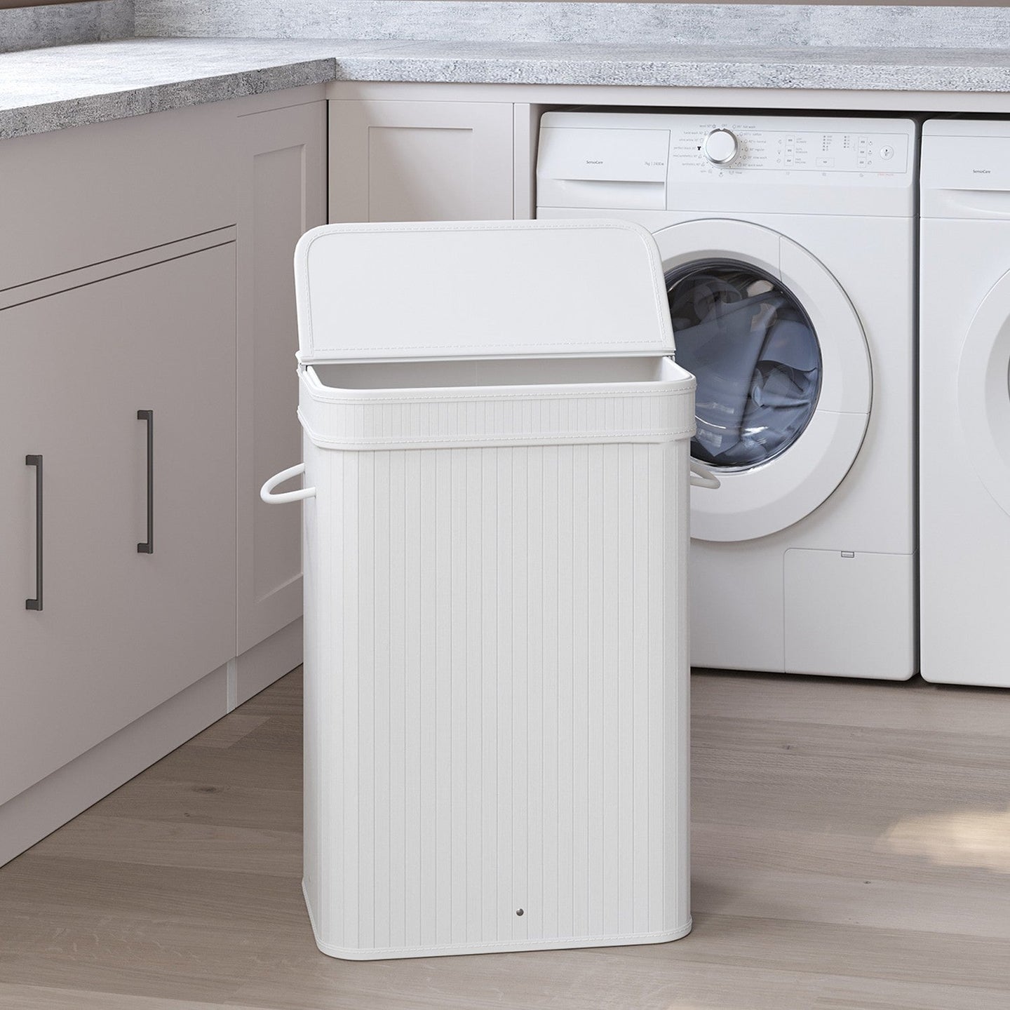 Bamboo Laundry Hamper - 72L - White - With Lid and Handles