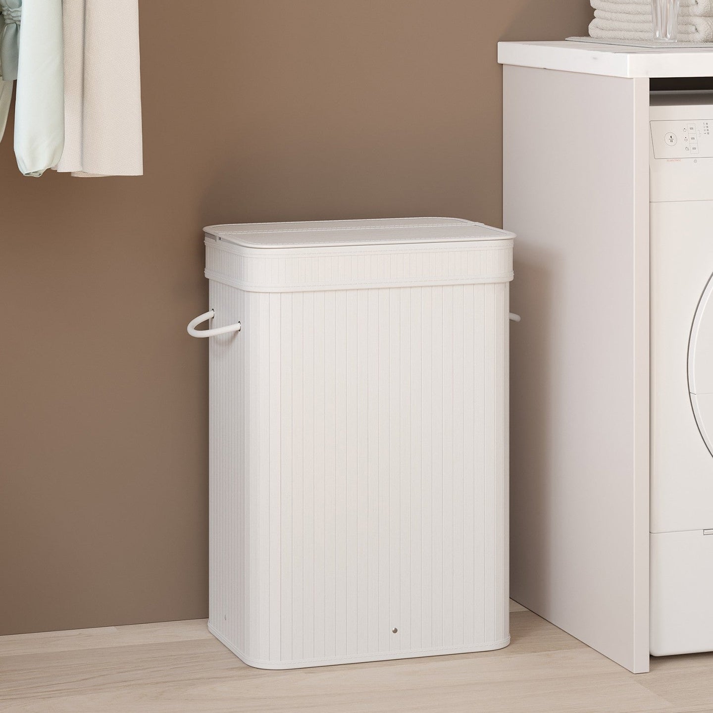 Bamboo Laundry Hamper - 72L - White - With Lid and Handles