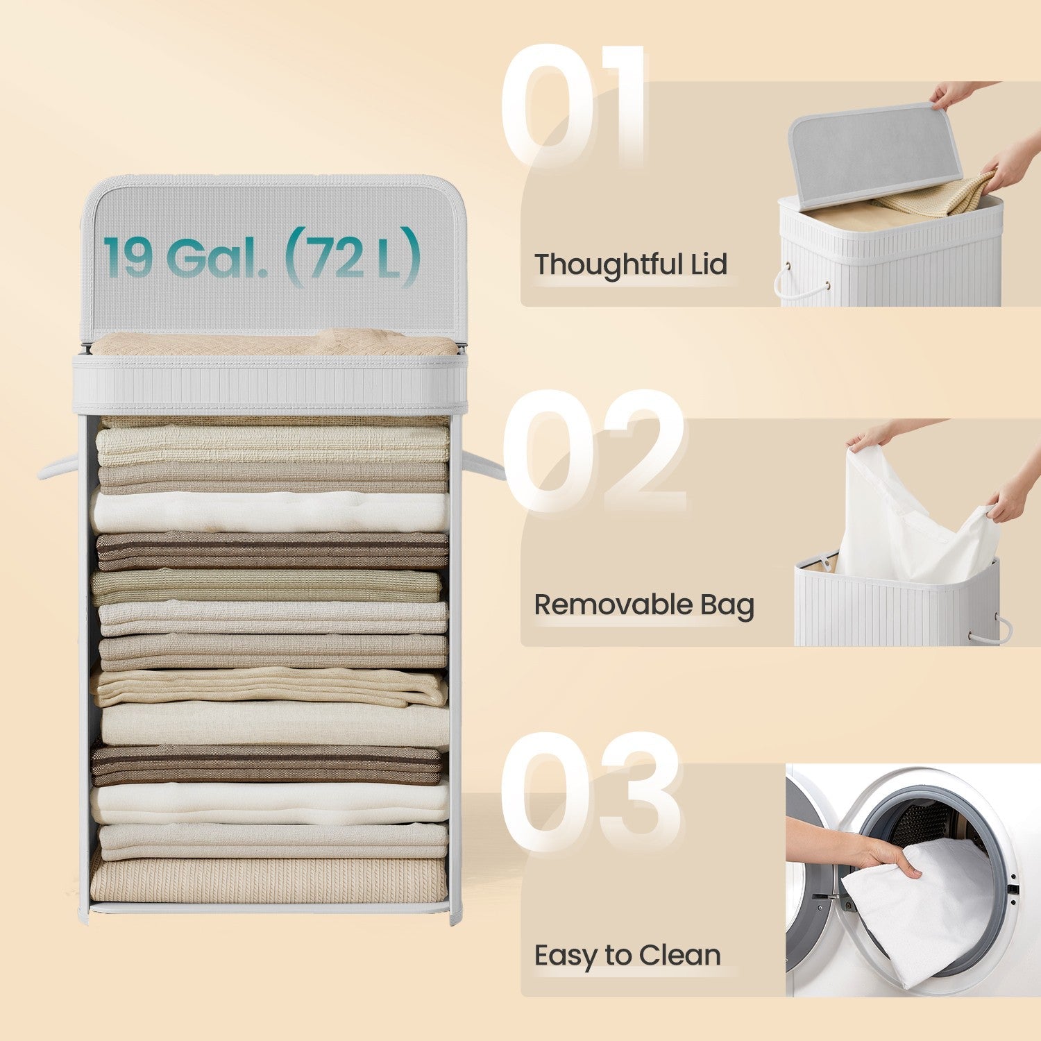 Bamboo Laundry Hamper - 72L - White - With Lid and Handles
