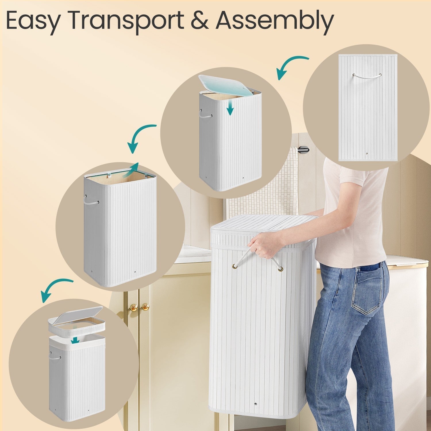 Bamboo Laundry Hamper - 72L - White - With Lid and Handles