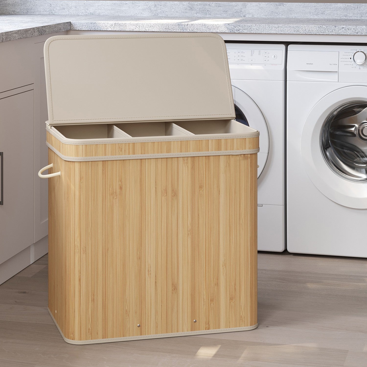 Laundry Hamper - Bamboo - Beige - 150L with Lid and Handles