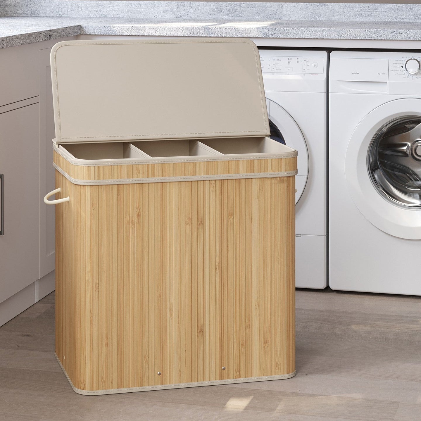 Laundry Hamper - Bamboo - Beige - 150L with Lid and Handles