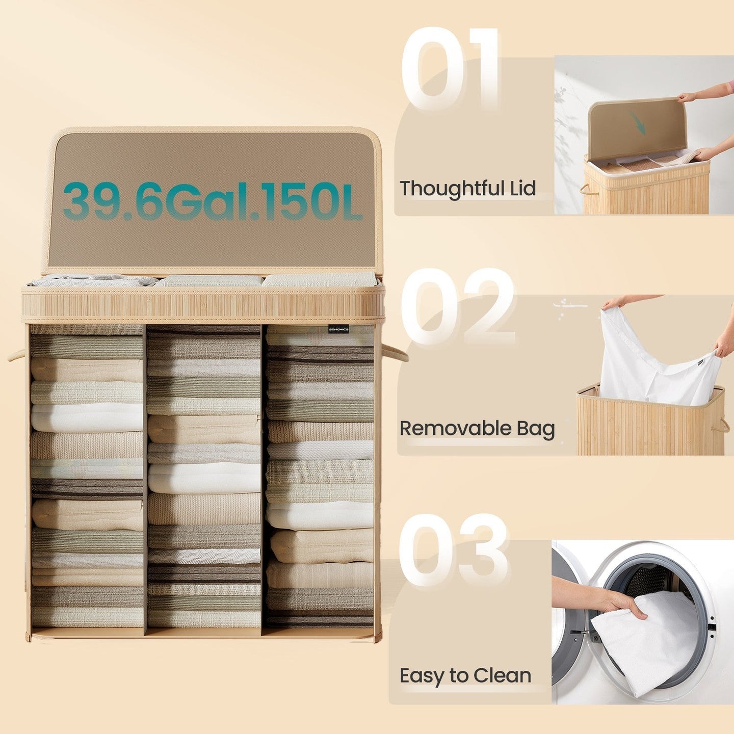 Laundry Hamper - Bamboo - Beige - 150L with Lid and Handles
