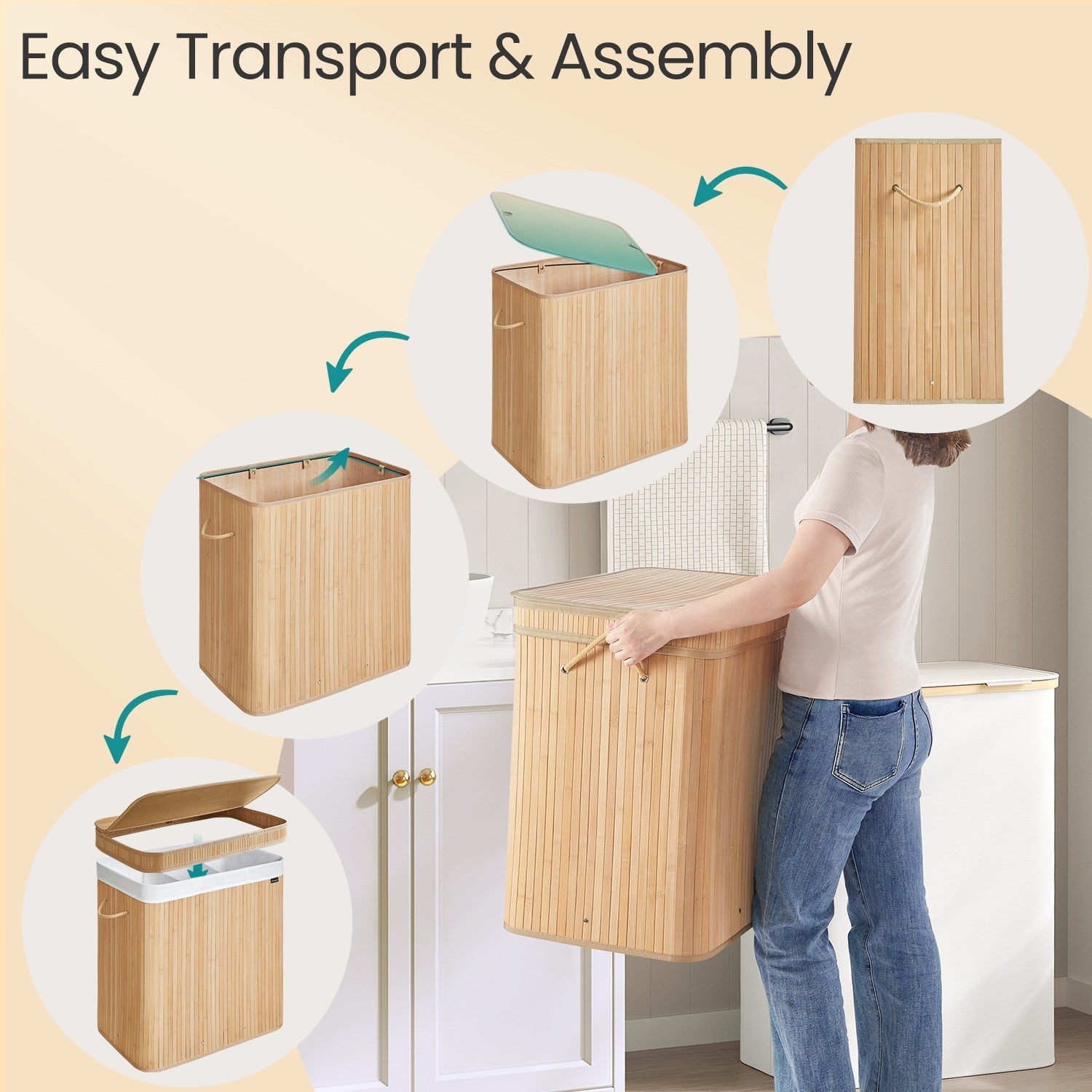 Laundry Hamper - Bamboo - Beige - 150L with Lid and Handles