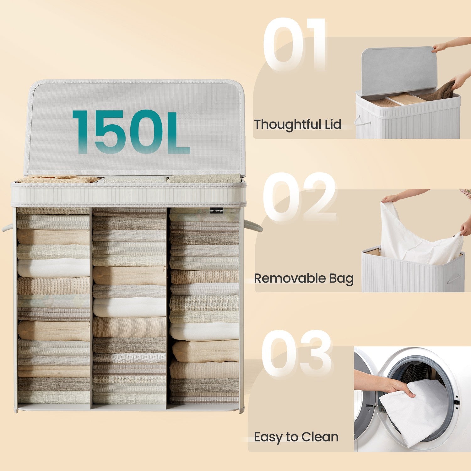 Laundry Hamper - Bamboo - Grey - Removable and Machine Washable with Lid